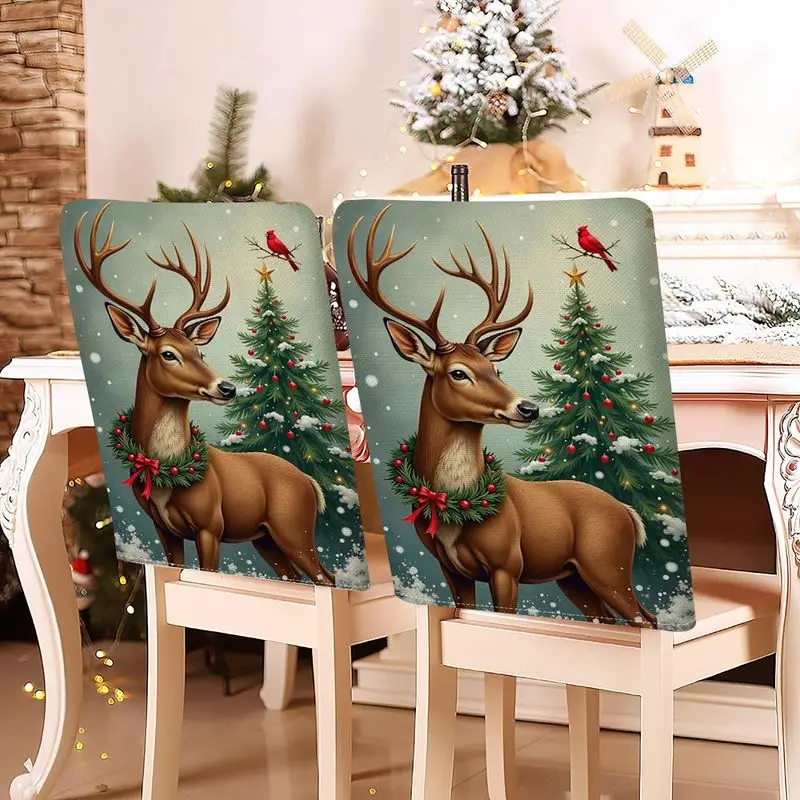 VIKAMA Holiday Chair Cover Elk Red Bird Xmas Tree Merry Christmas Element Dining Chair Cover For Xmas Party Home Decor