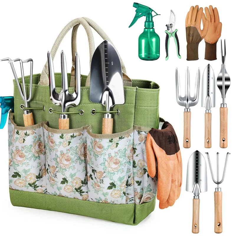 9Pcs Garden Tool Set Stainless Steel Heavy Duty Hand Tools Kit with Storage Bag for Gardening Planting Weeding Transplanting