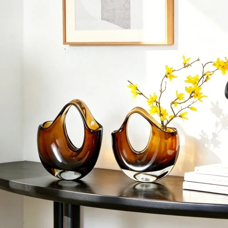 Handbag Shaped Amber Glass Vase Creative Art Flower Utensils Flower Arrangement Decorative Vases Hydroponic Vases Floral