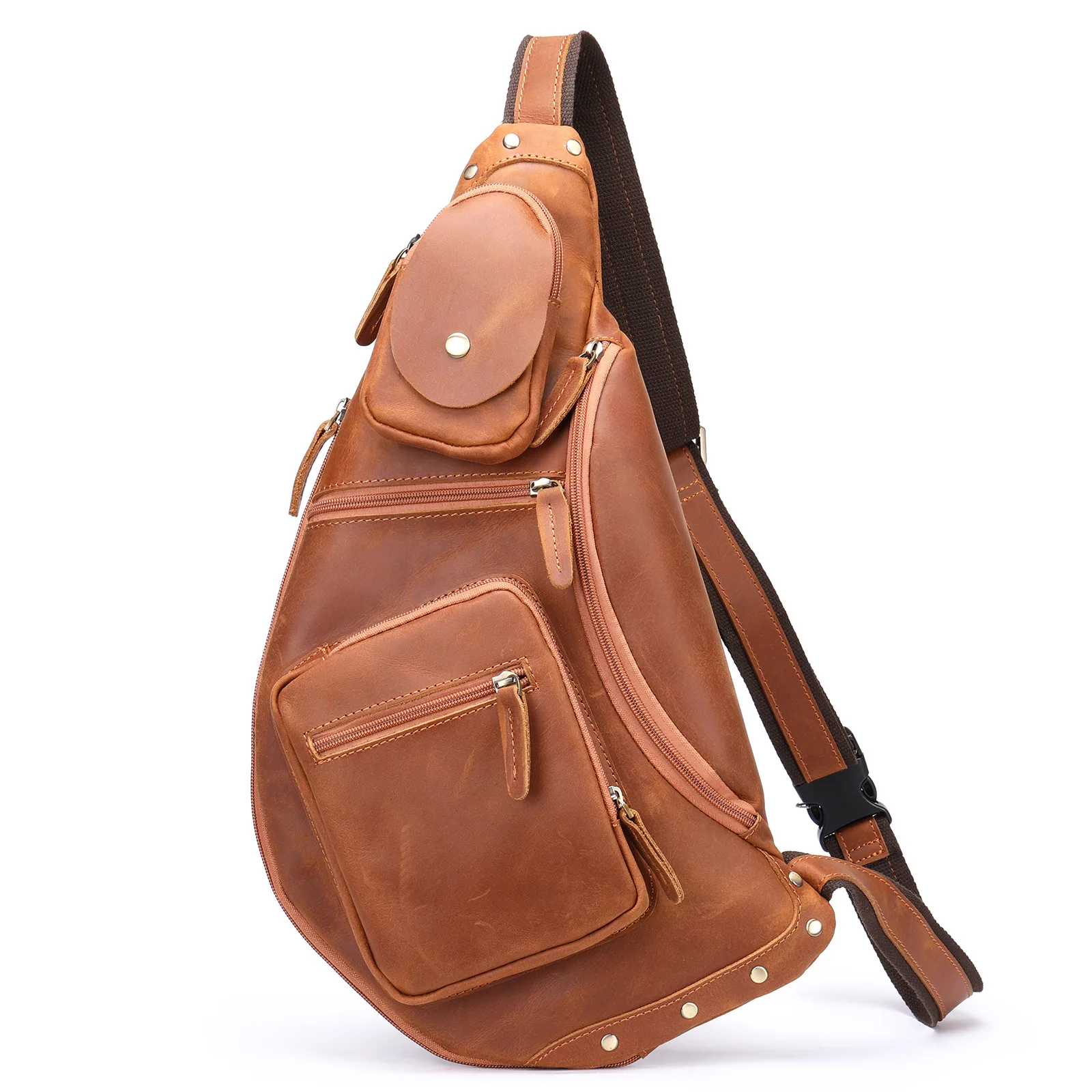 Classic Cowhide Leather Shoulder Bag  Minimalist Unisex Crossbody Chest Pack, Durable Outdoor Sport Sling for Daily Use