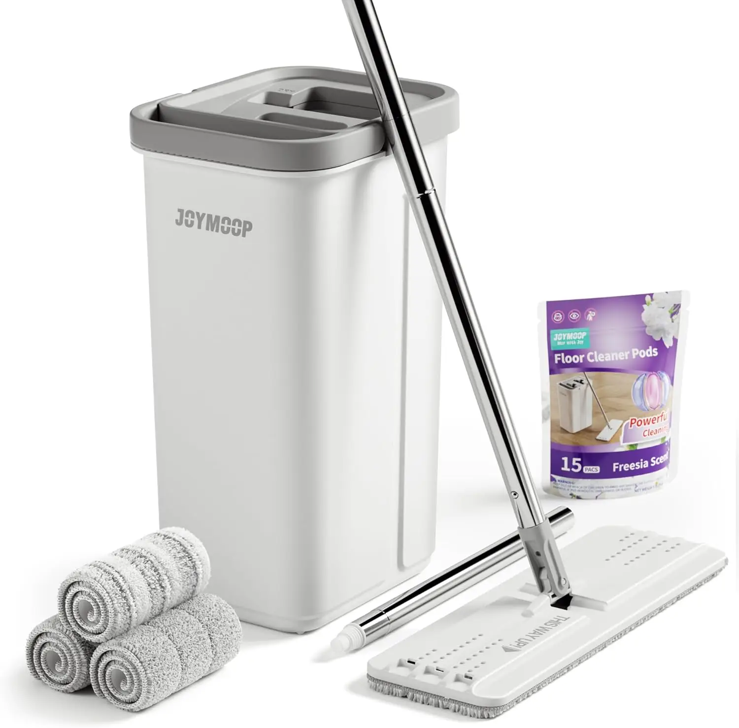 

Mop and Bucket with Wringer Set and Floor Cleaner Pods, Flat Floor Mop with 3 Reusable Microfiber Pads