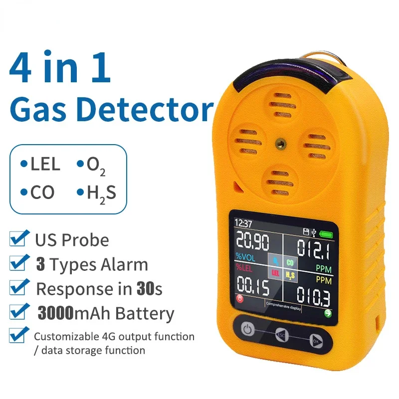 Portable 4 Gases in 1 Detector CO H2S O2 LEL Carbon Monoxide Oxy,gen Combustible Multi Gas Detector