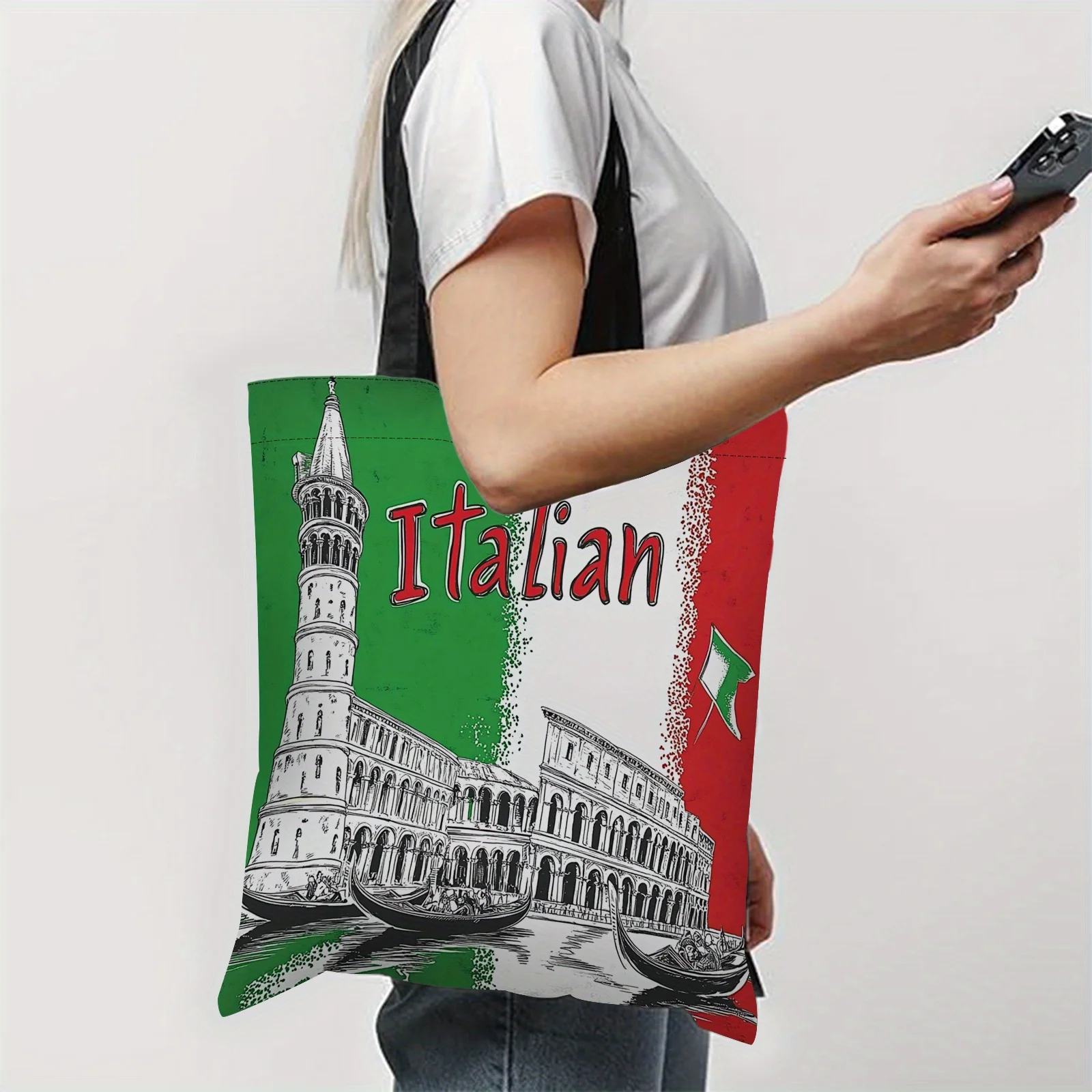 1pc Italian Landmarks Tote Bag - Black & White Rome Florence Venice Milan Sketch, Travel Bag Suitable for Shopping, & Vacation -