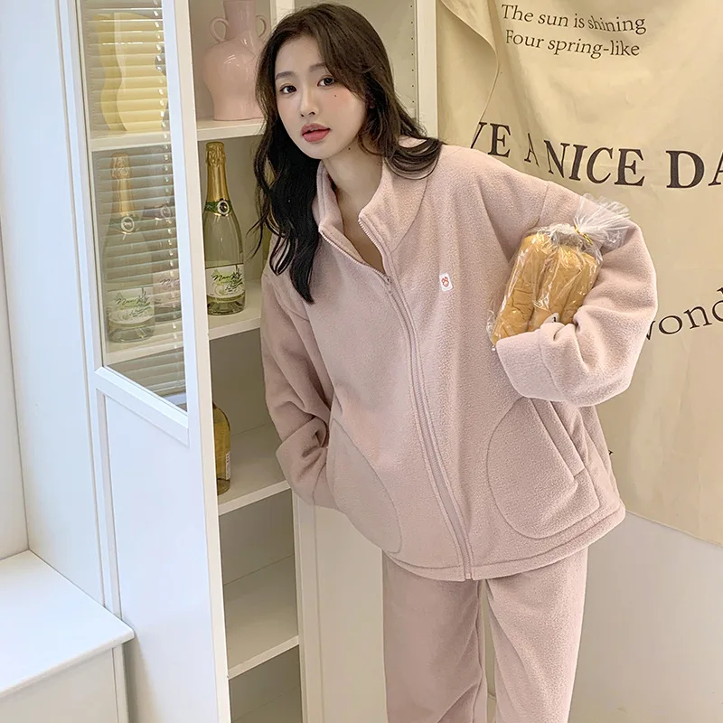 

Zipper Cardigan Flannel Winter Pajamas Shirt Pant Solid Color Stand Collar Sleep Suit Loose Homewear 2Pcs Long Sleeves Sleepwear