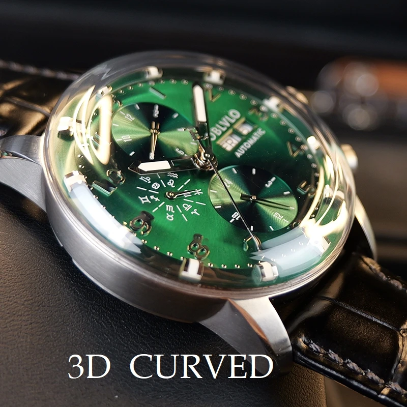 Oblvlo For Men Watch Self Wind Automatic Japan Mechanical Wristwatch Full Steel New 3d Curved Sapphire Crystal 24 Hours Calendar