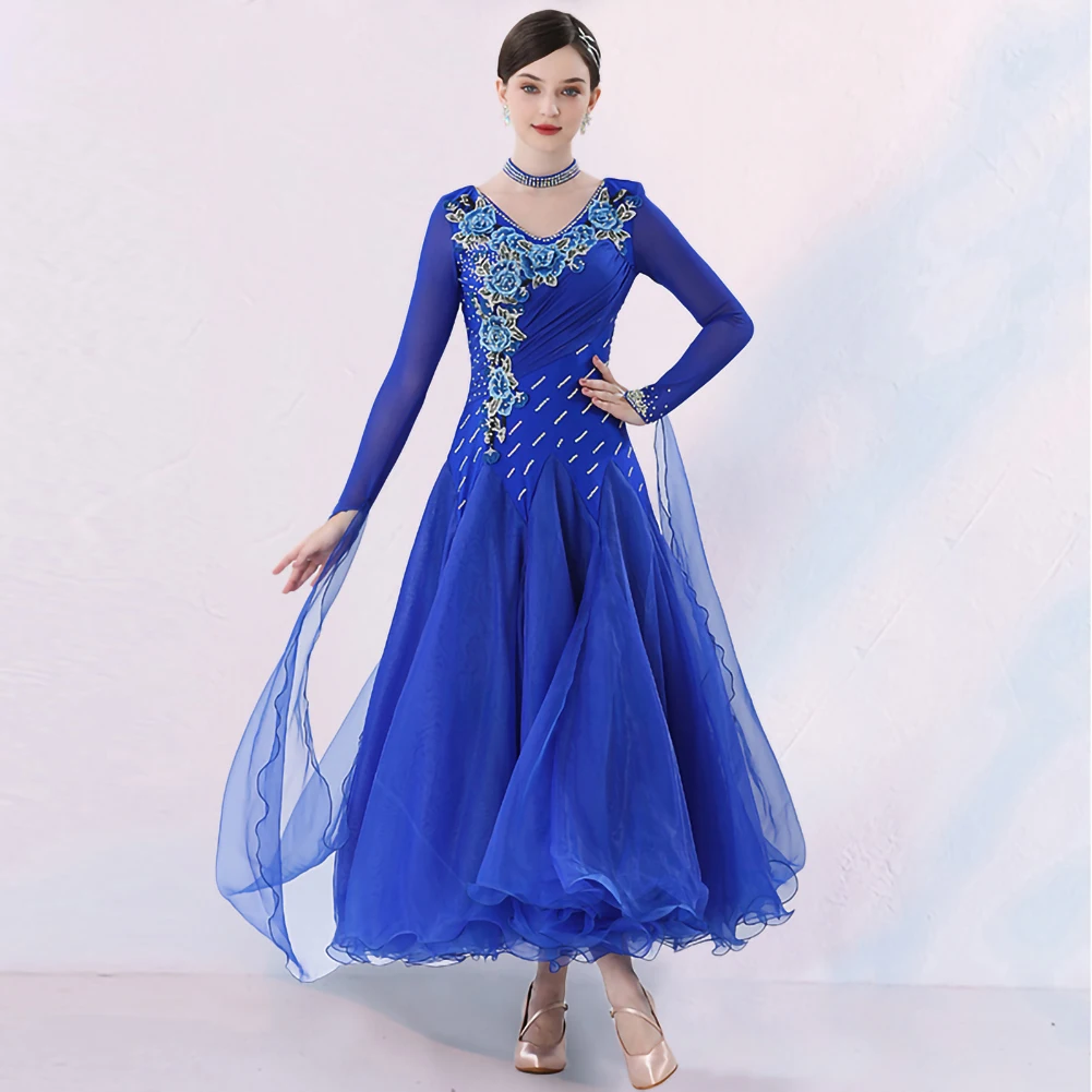 왈츠 의상 데칼 현대 스 트리머 스포츠 댄스 드레스 긴 소매 표준 성능 드레스 라인 석 블루 레드