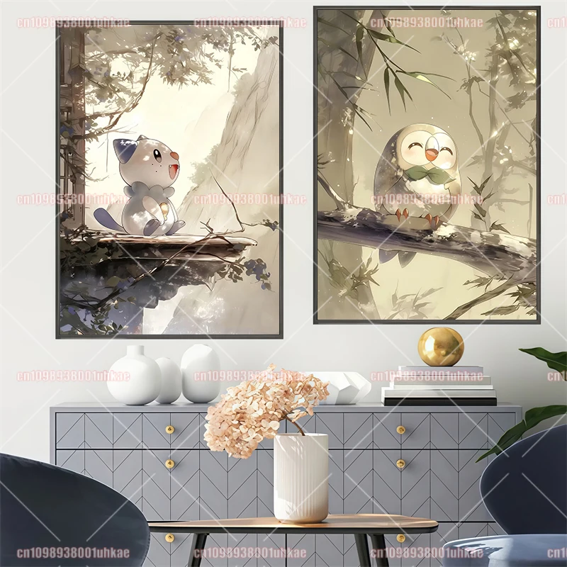 Anime Pokemon Canvas Painting Charmander Gengar Pikachu Eevee Squirtle Poster Retro Art Wall Decoration Painting