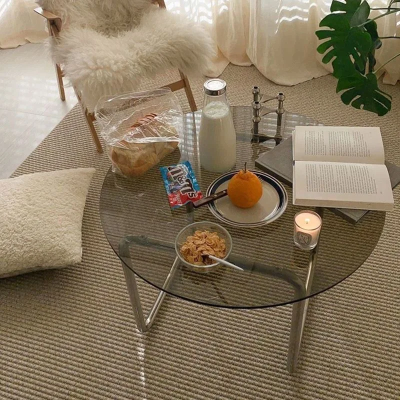 Round tempered glass small coffee table stainless steel bracket with non-slip foot pad simple living room sofa edge small round