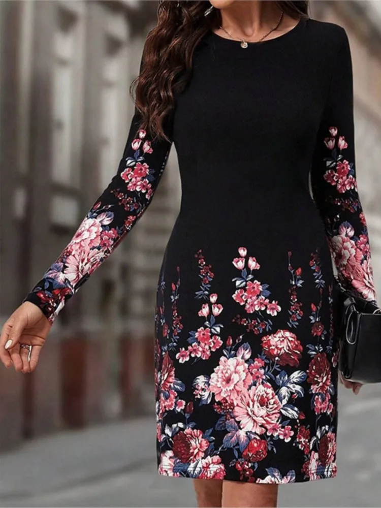 

New Spring Autumn Flower Print A-Line Dress Women Casual O Neck Long Sleeve Loose Dress Fashio Ladies Midi Dresses vestidos