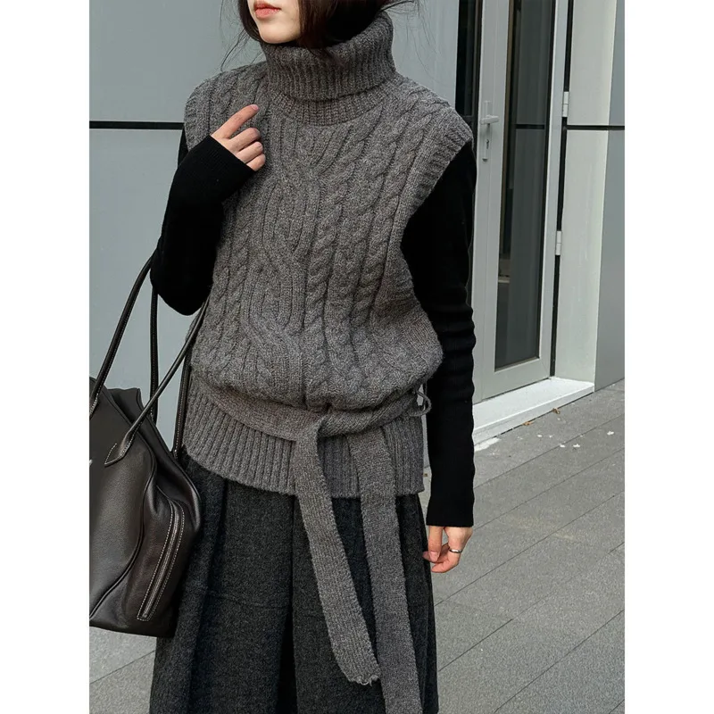 EAEOVNI بلا أكمام بلوفر مغزول سترة للنساء الياقة المدورة بلون حزام تجمع الخصر القمم ملابس الشتاء غير رسمية الجديدة #3