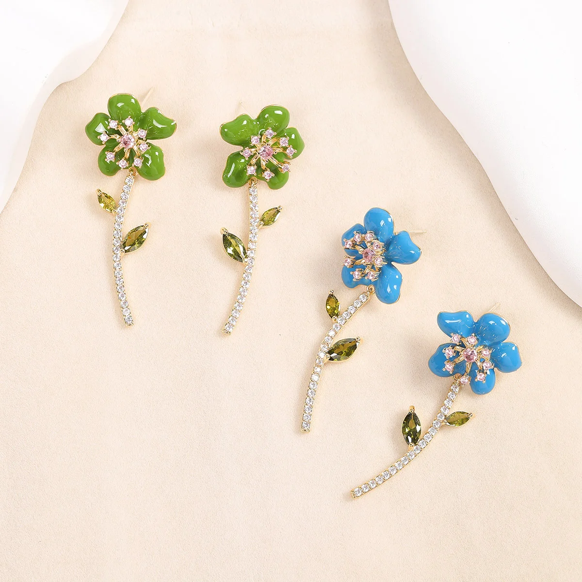 

925 Silver Needle Enamel Flower Shape CZ Drop Earrings, Sparkling Luxury Statement Jewelry for Women