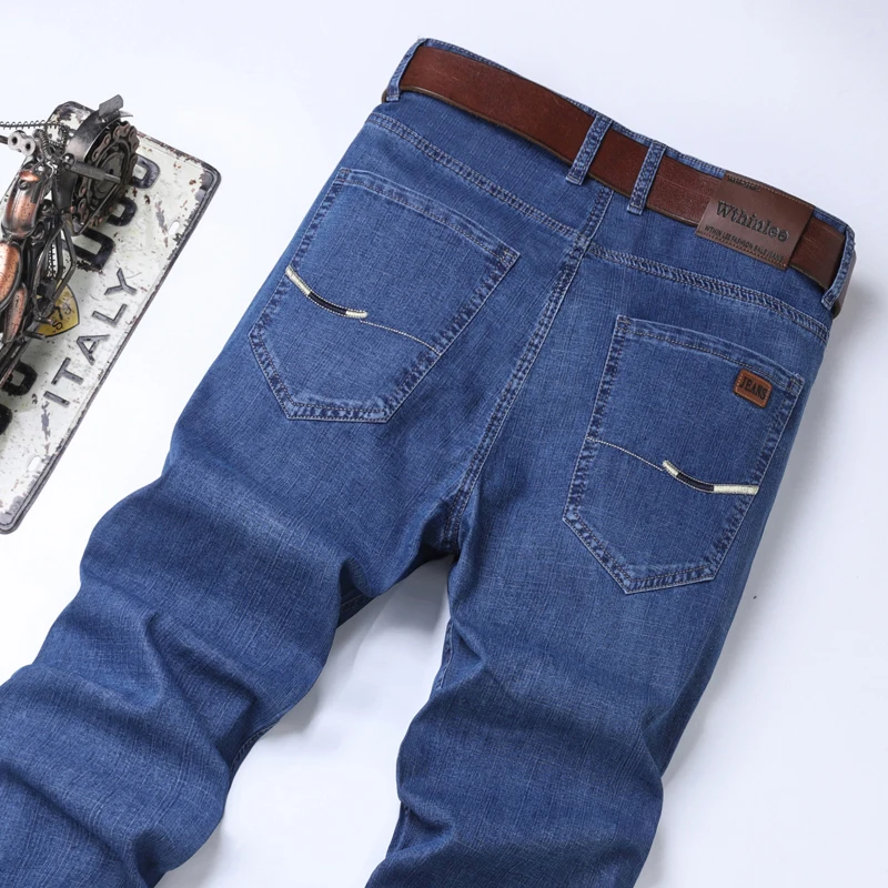 

Wthinlee Summer Thin Men's Stretch Straight Jeans Classic Black Blue Business Casual Large Size Denim Pants Brand Trousers