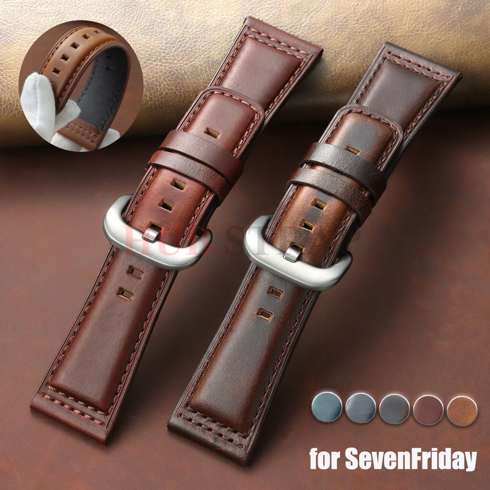 Correa de cuero de 28mm para reloj SevenFriday, correa negra, marrón, de piel de becerro, para hombres y mujeres, correa de reloj Retro, accesorios para reloj