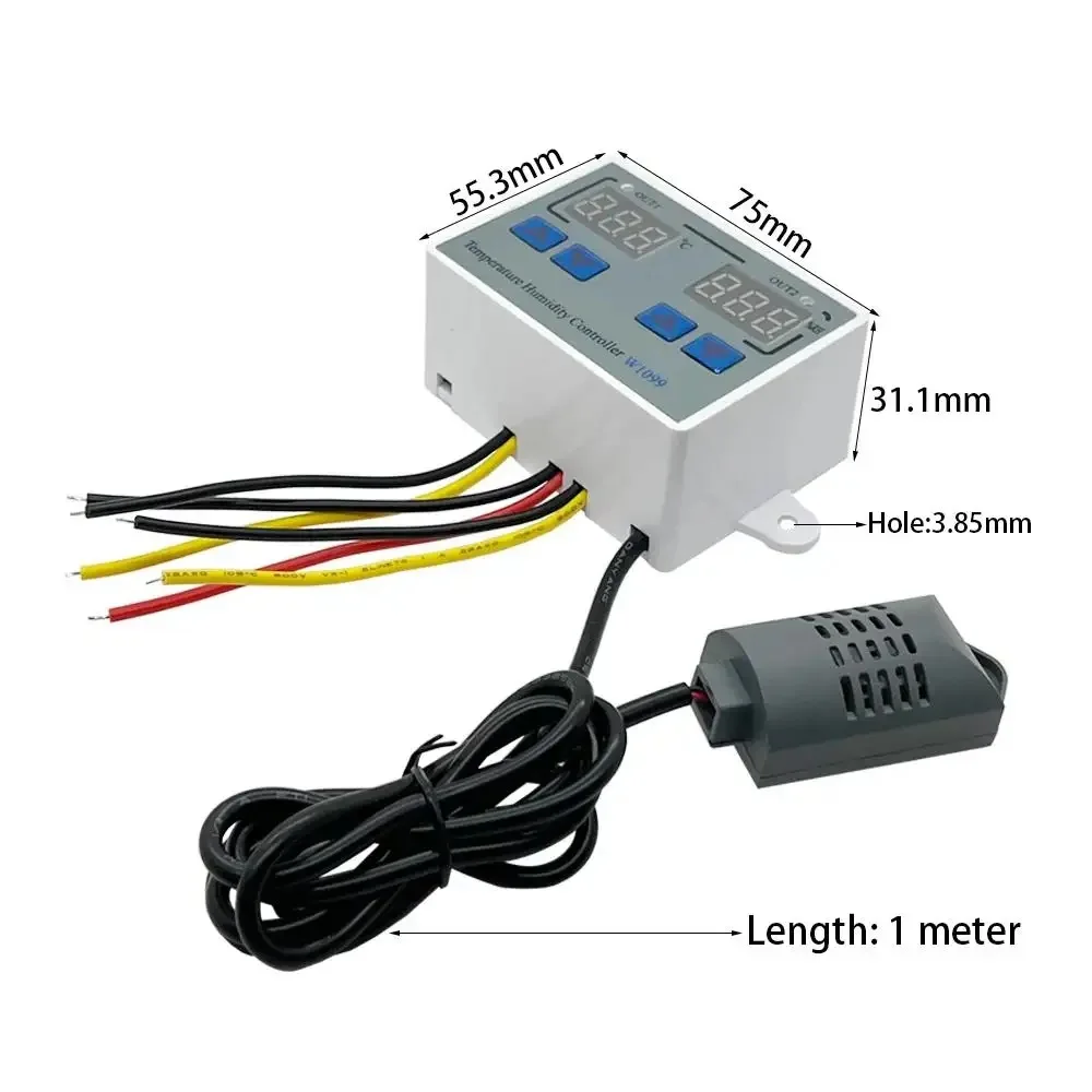 W1099 Dual Display Digital Temperature Humidity Controller DC 12V 24V AC 110-220V Thermostat Humidistat Regulator Incubator