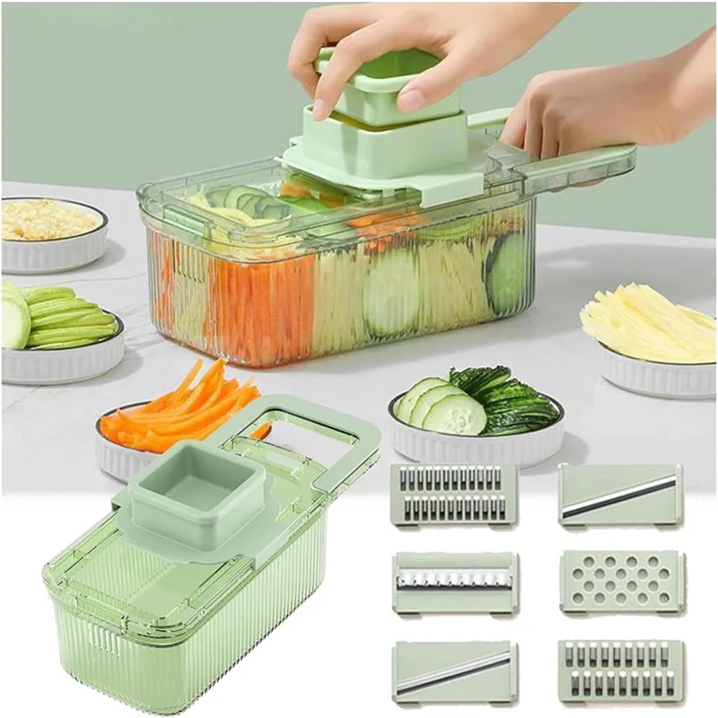 AB47-choppers de vegetais multifuncional ralador de alimentos 6 ferramentas de corte choppers de vegetais redondos com recipiente cozinha jantar