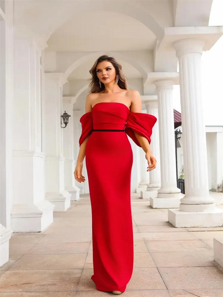 

Customized Off Shoulder Neckline Short Sleeves Crepe Sheath Evening Dress Sexy Back Zipper Floor Length Rear Slit Gown For Women