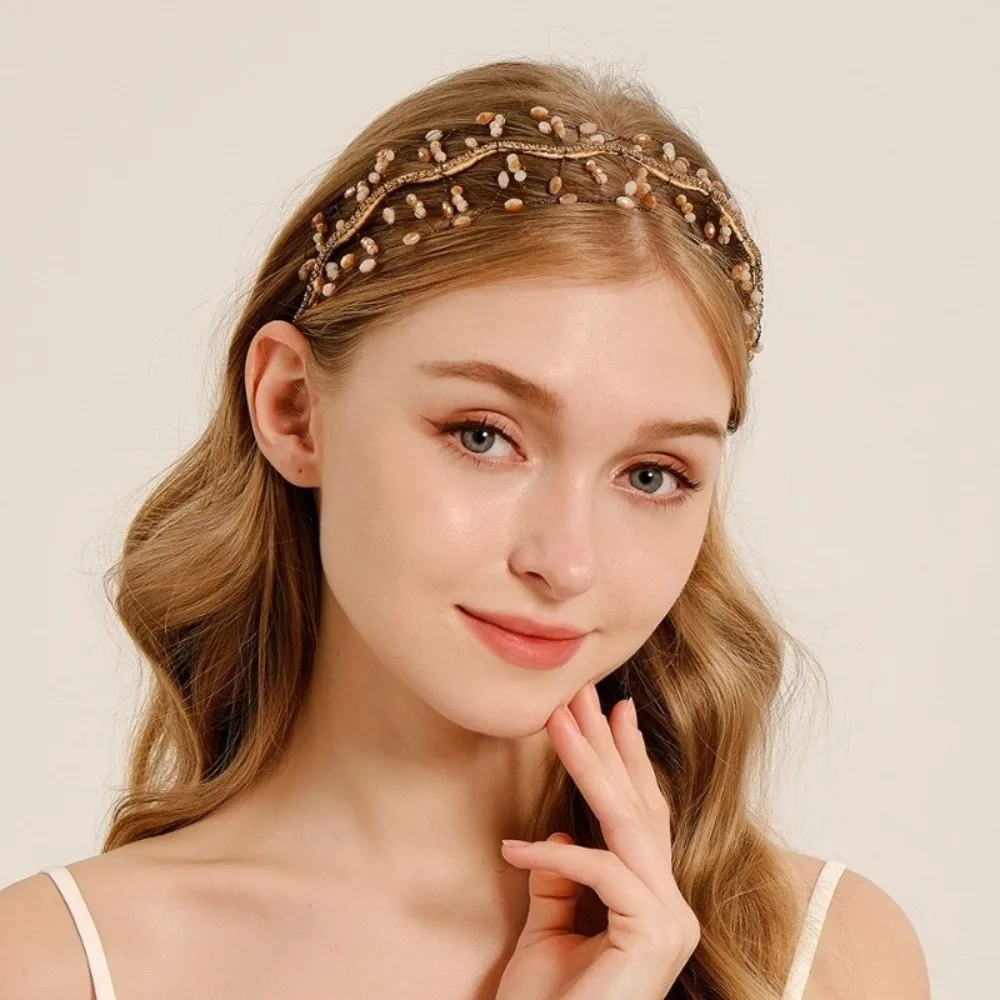 

Handmade Crystal Beads Hair Net Crown Elegant Headbands Wedding Headpieces Sparkling Rhinestone Tiara Luxury Hair Hoop
