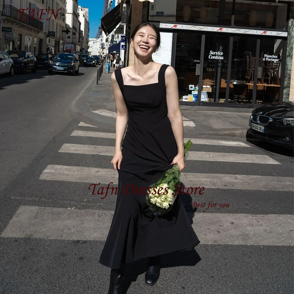 

TAFN Simple Black Dresses Square Collar Sleeveless Evening Party Dresses A-line Elegant Photo Shoot Korea Reception Dress