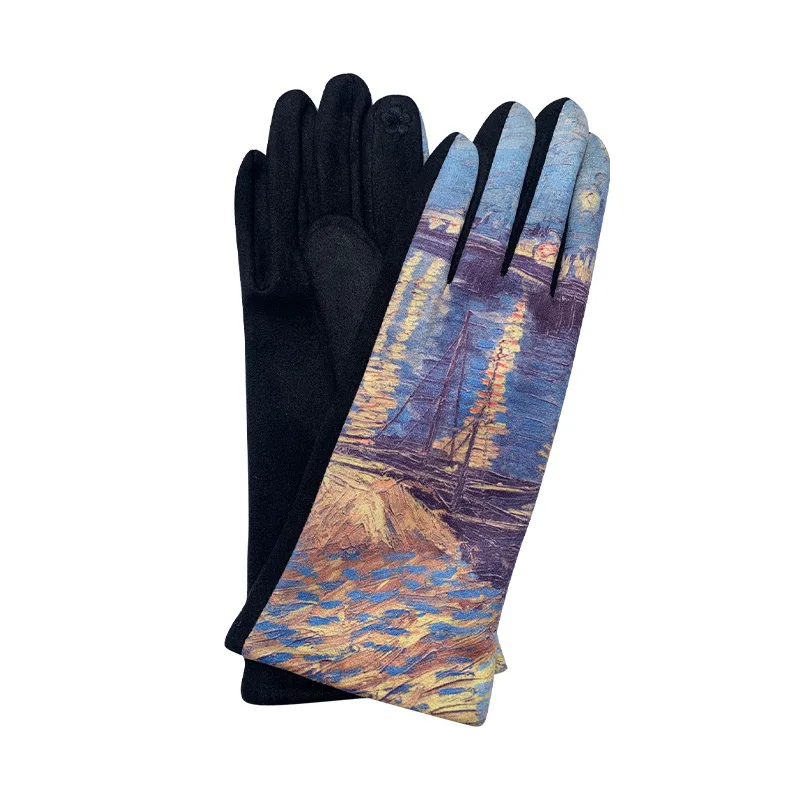 Winter Warm Van Gogh Oil Painting Gloves Fashion Retro Opera Performance Women Cycling Drive Touch Screen Full Finger Thicken