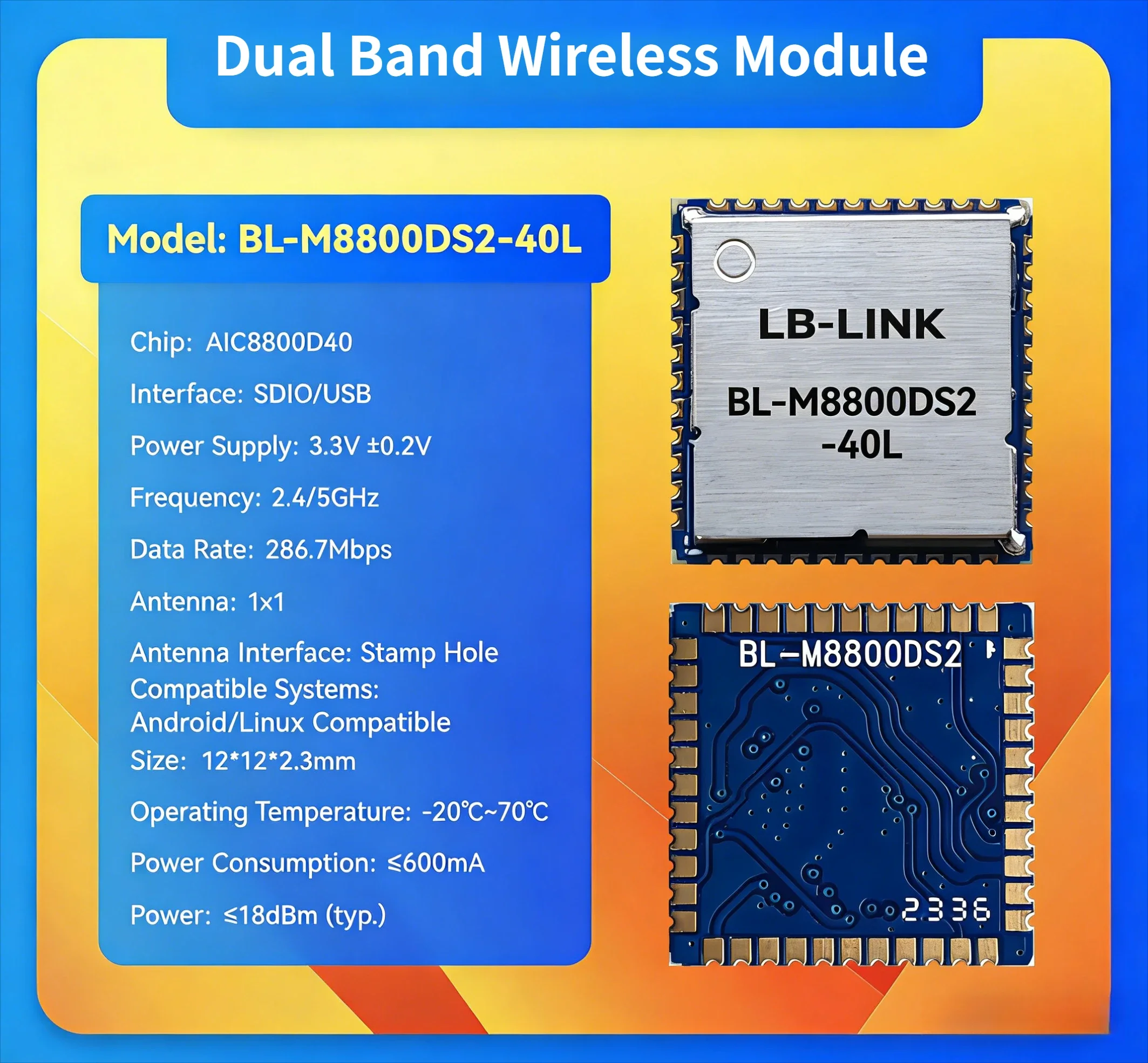 M8800DS2 Wireless Module AIC8800 Chip WiFi6 Dual Band 5G Bluetooth BLE For IPC Camera Video Transmission Network Configuration