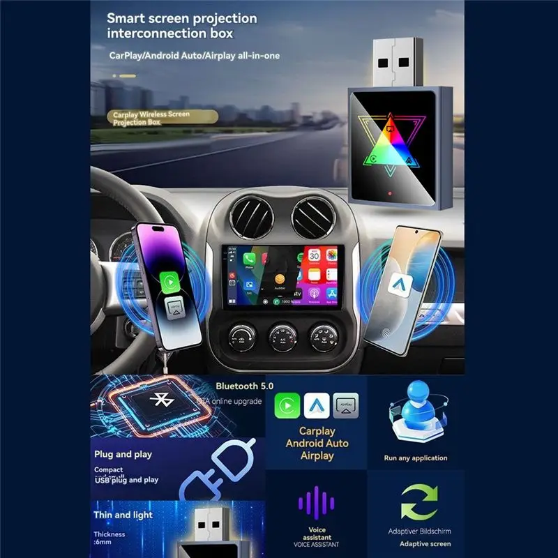A31T 3 in 1 Wireless Carplay Adapter Smart AI Box Android Auto Airplay USB Dongle Wired to Wireless, Metal