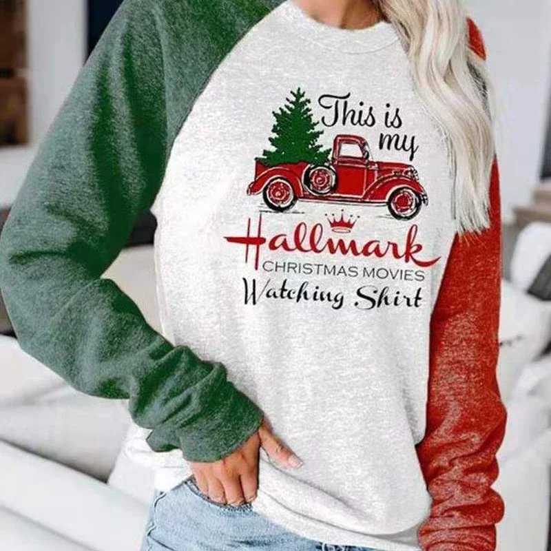 Women's Fall Winter Tops Car Tree Printed Casual Round Neck Christmas Sweatshirt Drop Shoulder Long Sleeve Pullover Clothing New