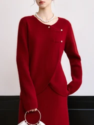 FSLE Office Lady Red Sweater Half Skirt Set Women's Winter Chinese Style Knitted Casual Loose Sweater 24FS14582+24FS14585