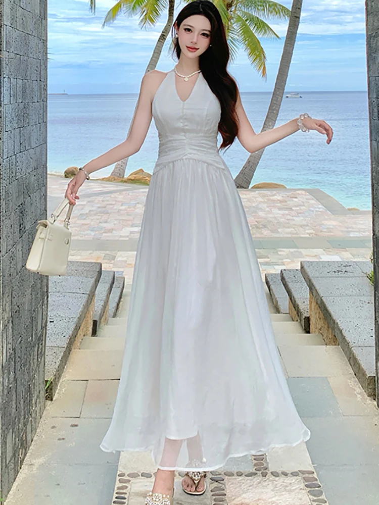 2025 Nowa Biała Elegancka Sukienka Damska z Kokardą na Szyi, Seksowna Długa Sukienka Luksusowa Sukienka z Diamentami Letnia Koreańska Moda Obcisła Sukienka Wieczorowa