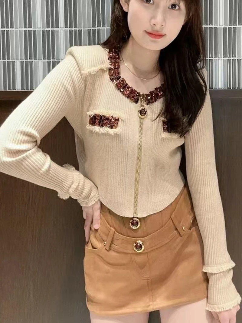 Women's Fashionable and Elegant Jacket With Nail Bead Sequins Slim Fit and Slimming Square Collar Zipper Knitted Short Jacket