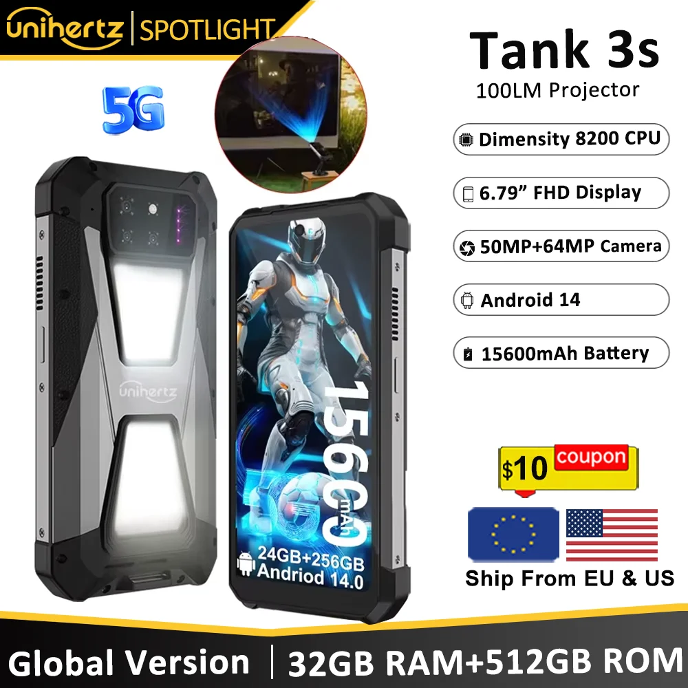 Unihertz tank 3s 8849 powered smartphone with projector 24/32GB 256/512GB Dimension 8200 cellphone 15600mAh 66W phone