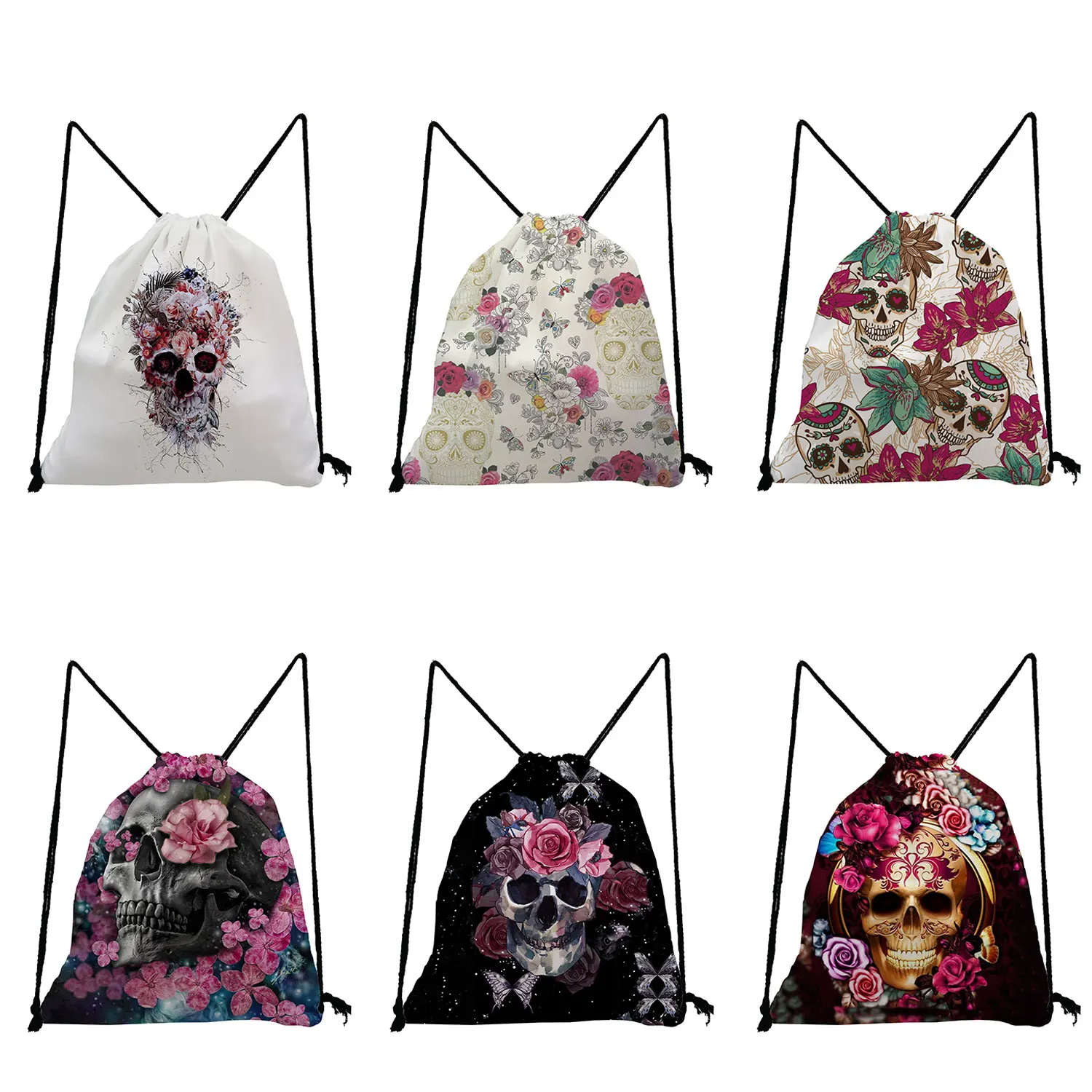 Horror Rose Skull Printed Softback Bag Fashion Cool Style Ladies Shoe Pocket Simple Size Unisex Storage Drawstring Bags Backpack