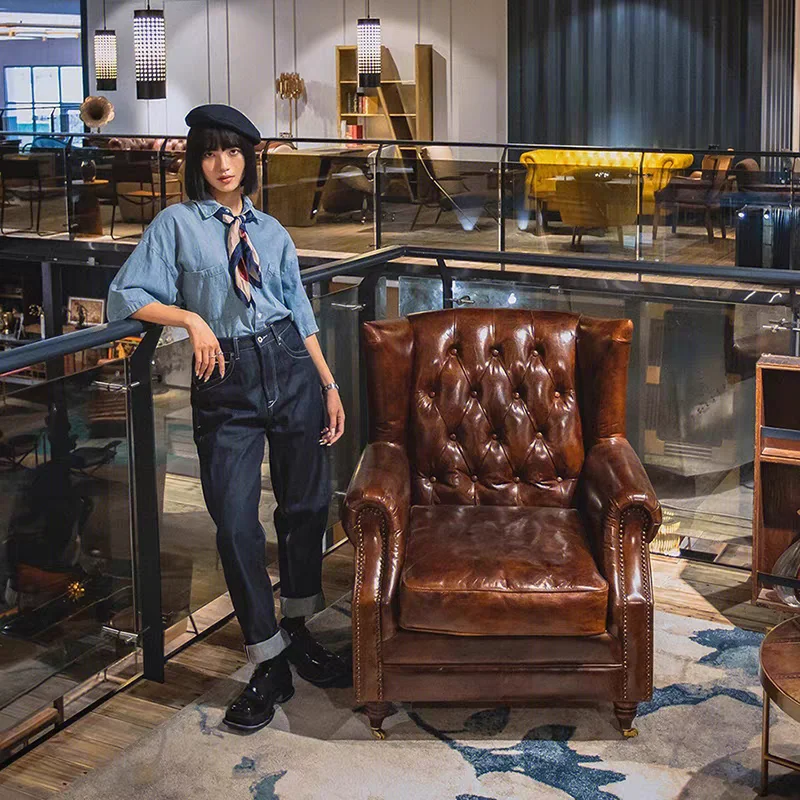 French retro style buckle sofa chair, second-hand cafe, cigar bar, tiger chair, whiskey office chair