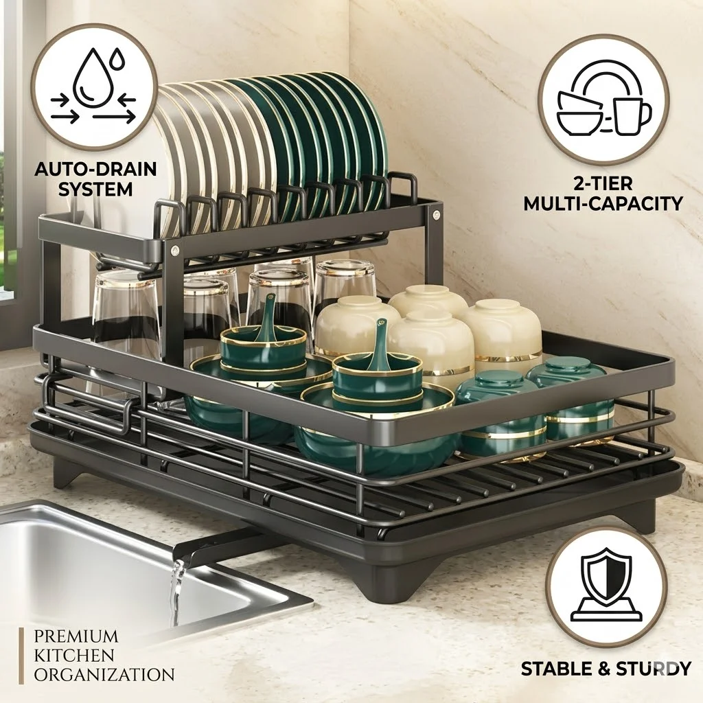 2 Tier Dish Drying Rack Stainless Steel Rustproof Plates Bowl Holder Organizer With 360 Rotate Drainboard Storage Racks Kitchen