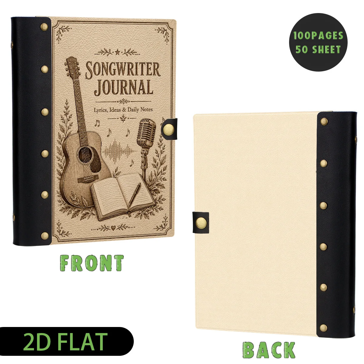 1pc Soft Leather Songwriter Guitar Wooden Leather Binder Notebook, Refillable Loose Leaf, 2D Flat Hard Shell, Metal Rivets, High