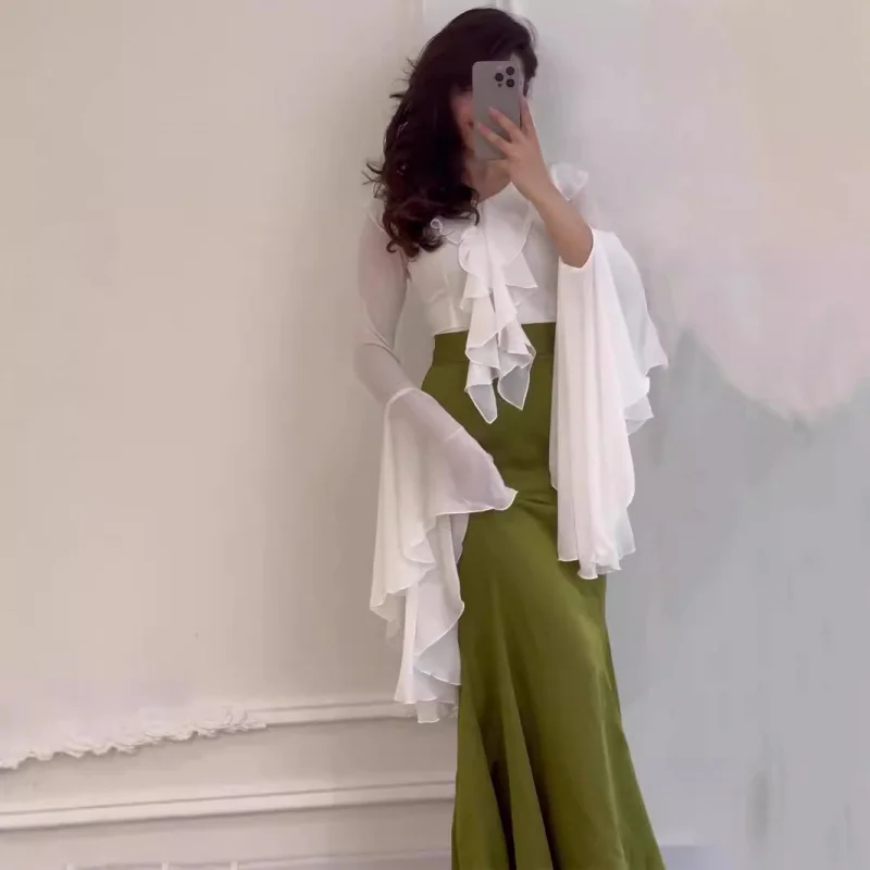 

Autumn Long Ruffle Sleeve Sweet Long Sleeve Patchwork Bodycon Slim Tie Dress