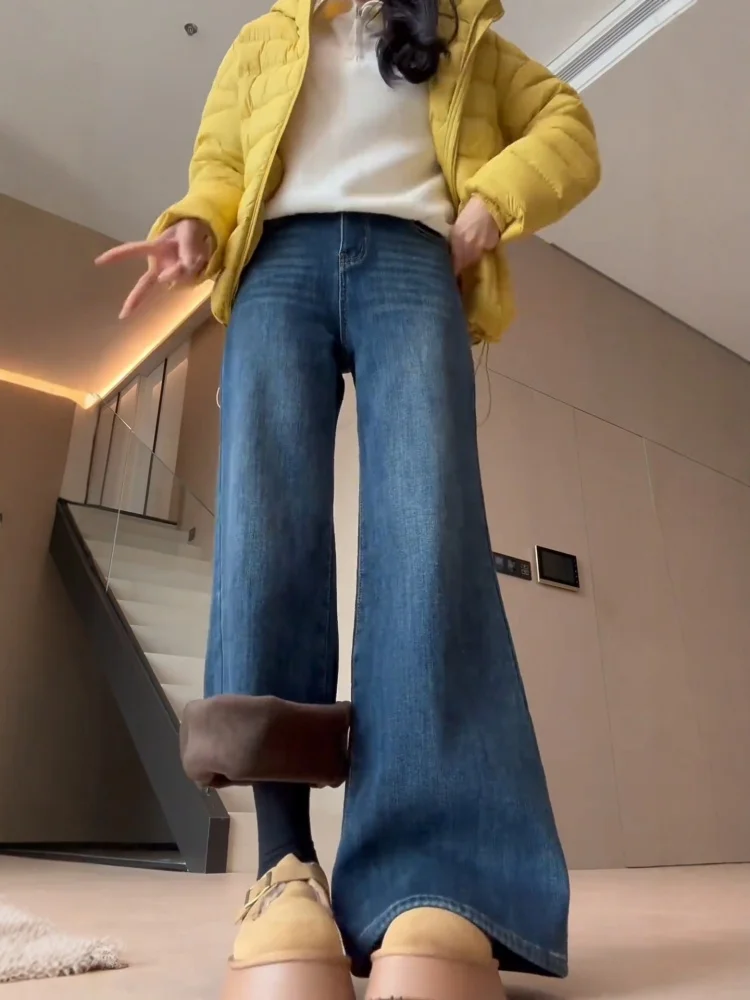 Plus Size Fce Gevoerde Bootcut Jeans Dames Herfst Winter Losse Hoge Taille Afslanken Thi Wijde Pijpen Broek Amerikaanse Sle Rela...