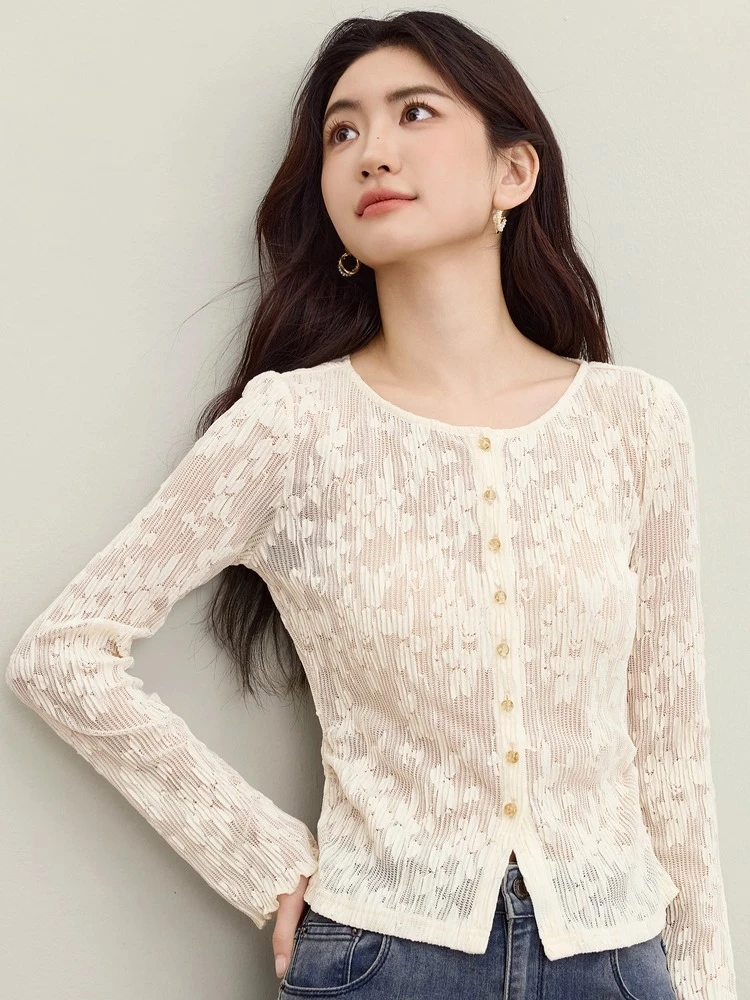 SENTUBILA Women's Lace Cardigan Autumn 2025 Elegant Commuter Waterprint Silhouette O-Neck Flared Sleeve Elastic Top 153SA3771 - Image 3