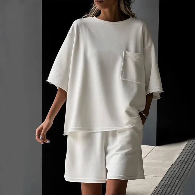 

Women's Casual Sports 2 Piece Set Summer Short Sleeve Round Neck Loose T-shirt Top Wide Leg Shorts Suit Two Piece Solid Outfits