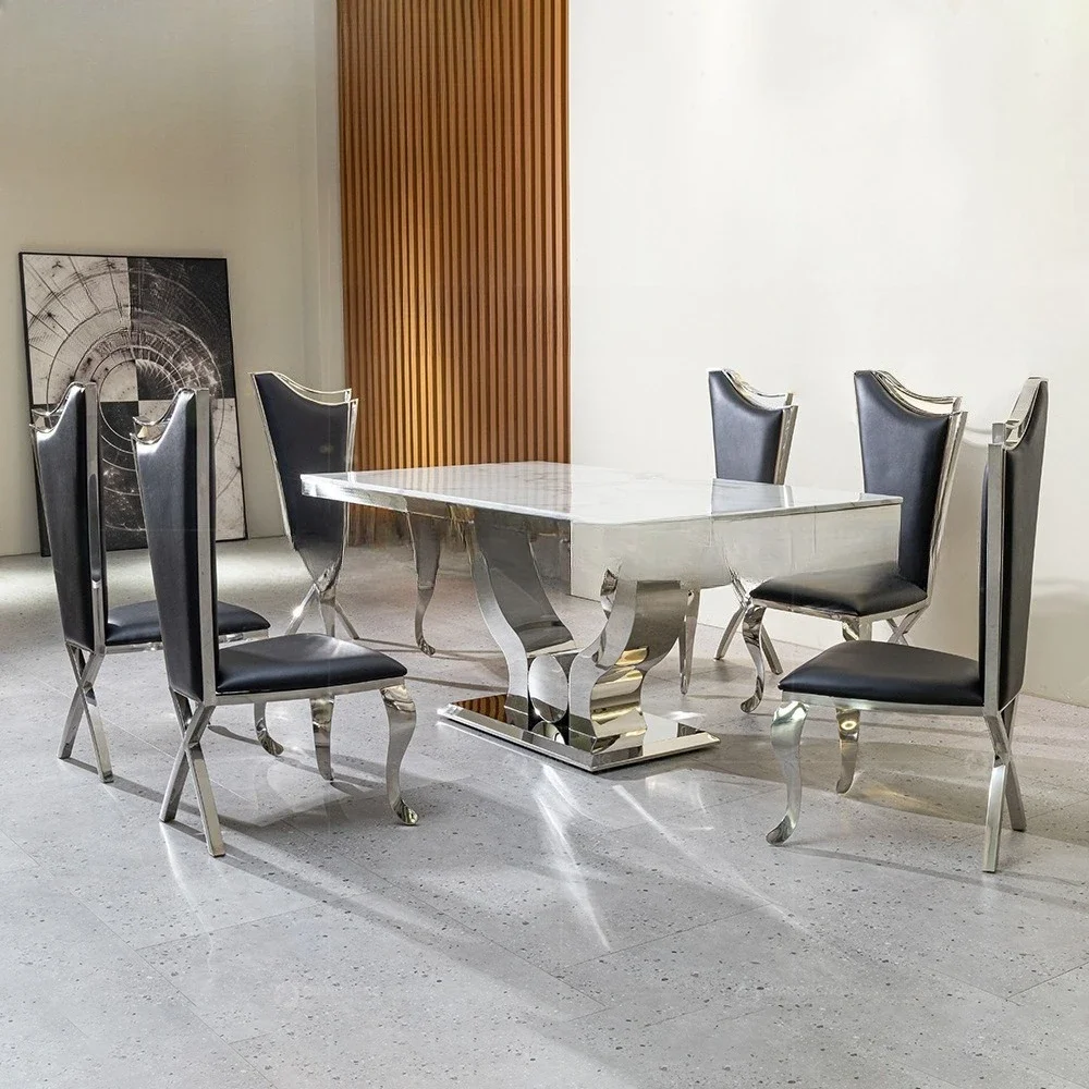 Italian light luxury marble dining table rectangular table 10 people dining table designer stainless steel dining