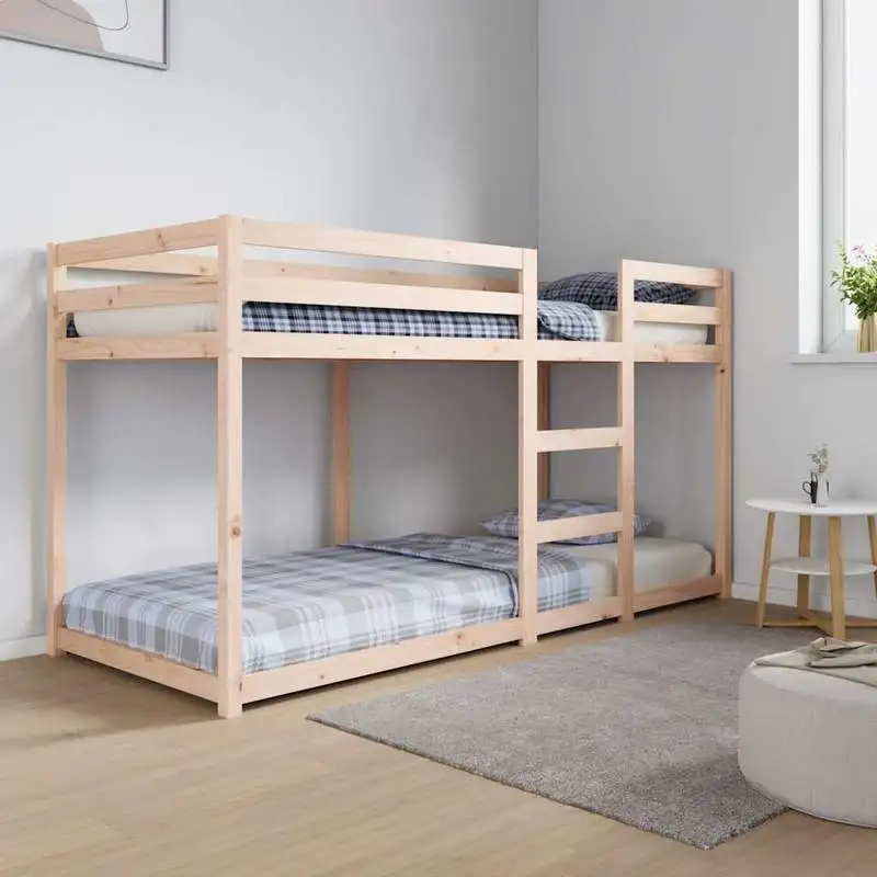 Lit superposé en pin massif brut 80x200 cm sans matelas, sommier à lattes fourni. Lit compact avec barrières de sécurité, interdiction aux moins de 6 ans, à fixer au mur, matelas vendu séparément, notice de montage incluse.