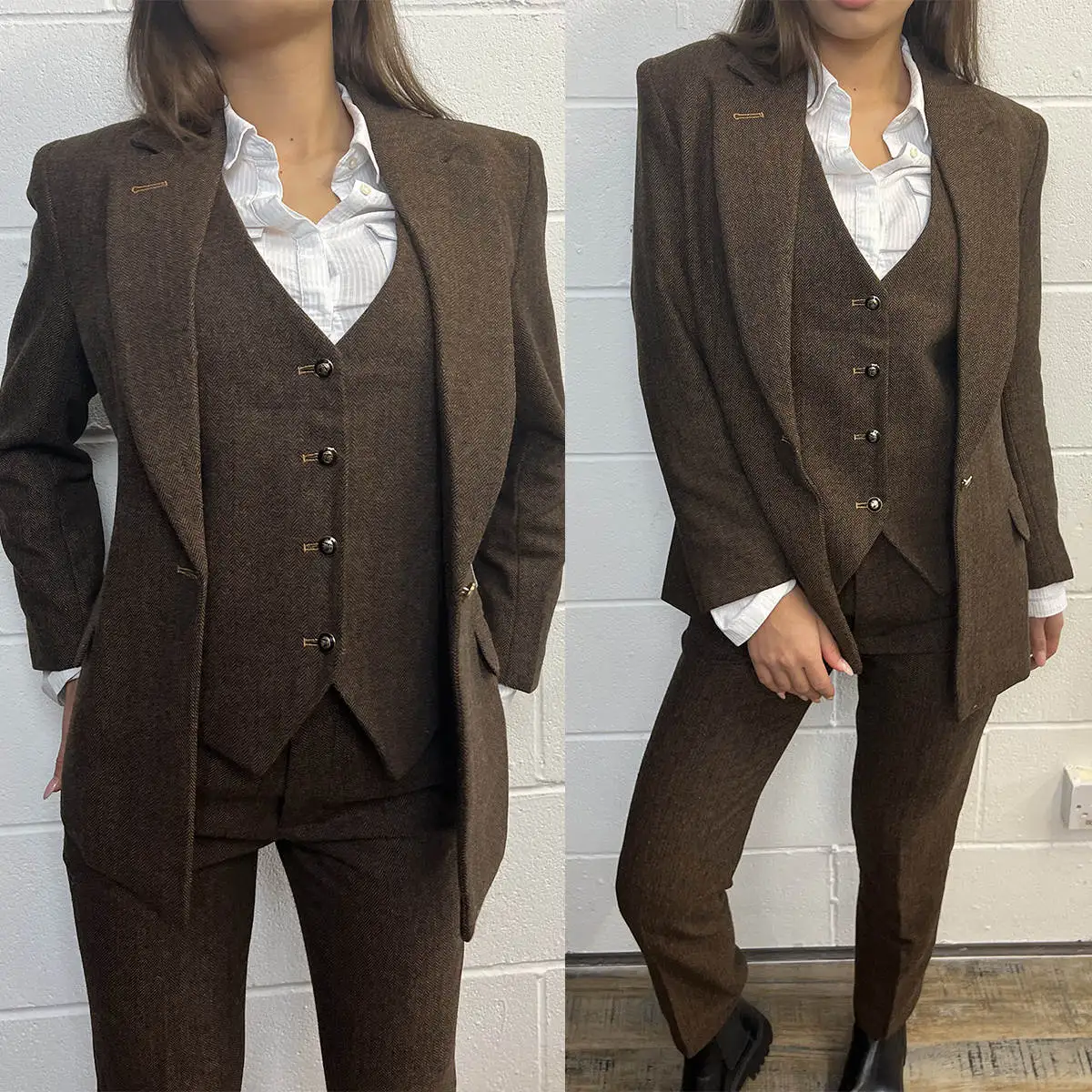 Brown Tweed Women Blazer Sets Custom Made Woolen Blend Red Carpet Wear Slim Fit Pants Suits  2 Pieces