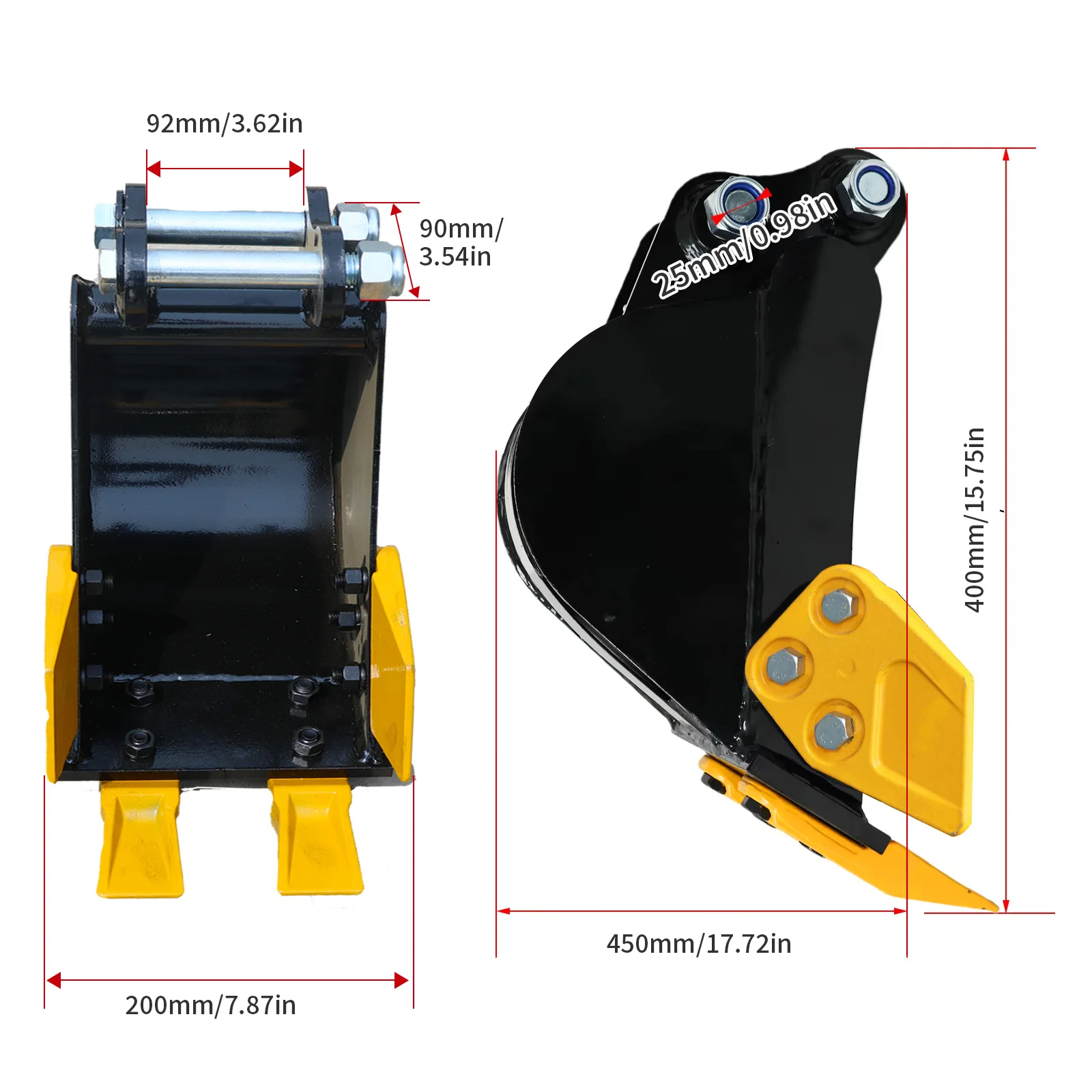 200mm(7.87in) Mini Excavator Digging Bucket with Teeth, 92mm Pin Span 25mm Pin Hole, Narrow Trenching Bucket Attachment for 1-2 Ton Small Excavator