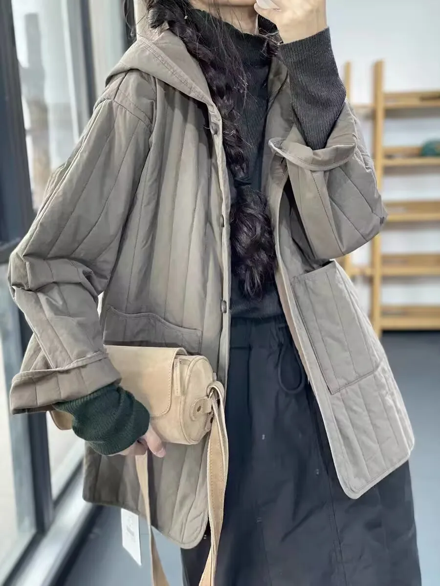 Abrigo acolchado de manga larga para mujer, Parka cálida con capucha, chaquetas de un solo pecho, moda coreana, informal, suelto, ropa de invierno