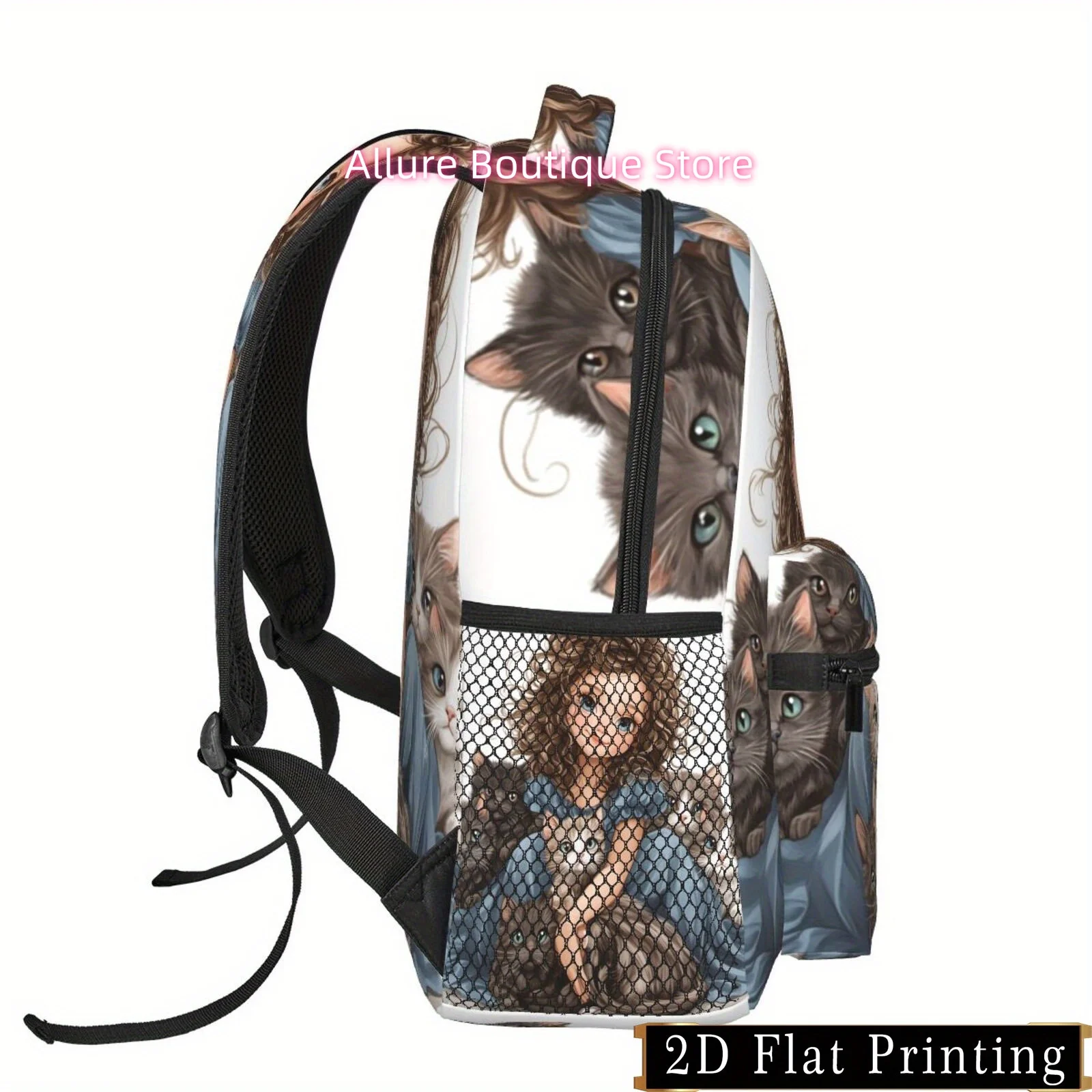 Little with Cat Print Pattern, Shoulder and Waist Protection Design Backpack, Fashionable iPad Laptop Bag, Large Capacity Multi-