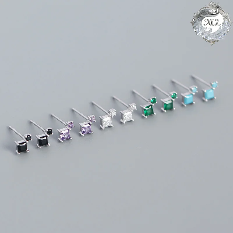 

XCL S925 Sterling Silver Colorful Square CZ Stone Stud Earrings Waterproof Luxury Earrings Women Party Wedding Fashion Jewelry
