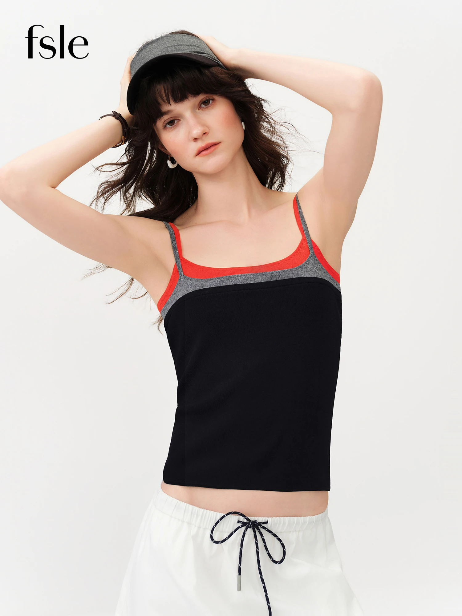 FSLE 2026 – Nouveau débardeur femme été à blocs de couleur et bordures contrastées, gilet court ajusté bleu marine pour un style Y2K chic et tendance pour le quotidien