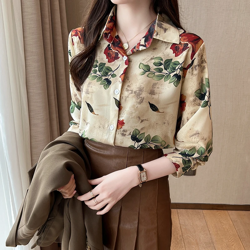 Women Spring Simplicity Office Lady Floral Silk Elegant Polo-Neck Long Sleeve Shirts Women Clothes Casual All-match Vintage Tops