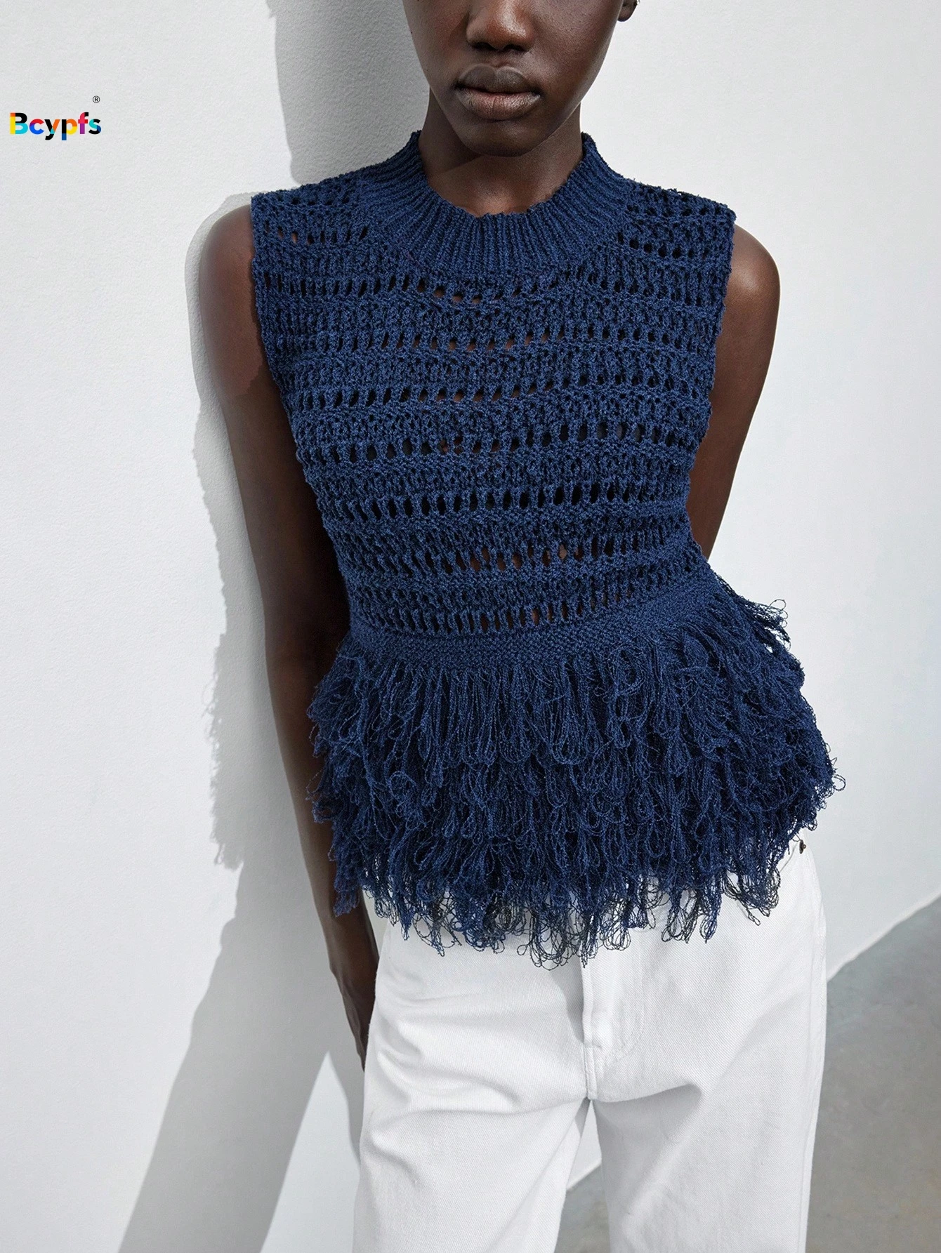 Trendy Women Navy Blue Sleeveless Crochet Top Hollow Out Fringe Peplum Hem Blouse Summer Vacation Daily Wear