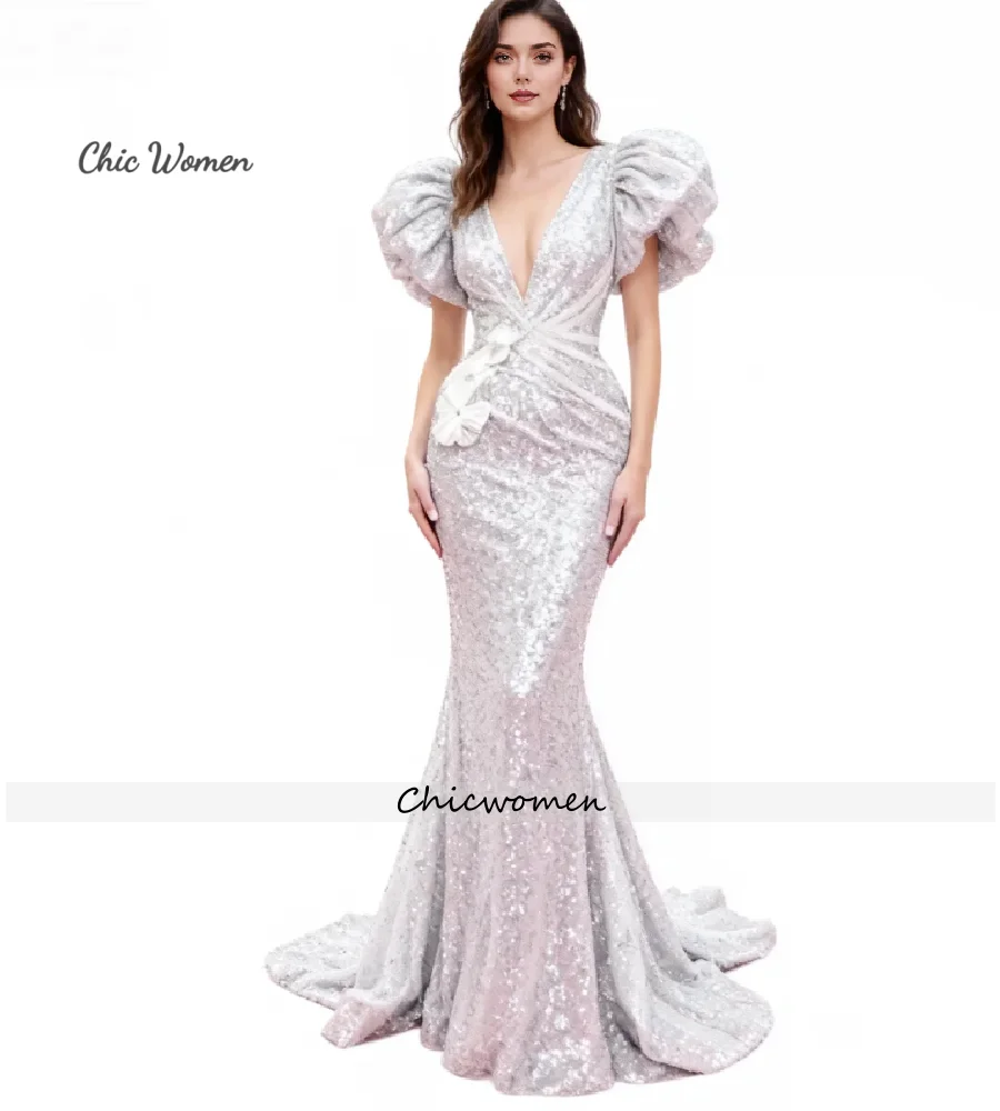 فستان سهرة بترتر فضي سباركلي 2026 بأكمام منتفخة حورية البحر للحفلات الراقصة مثير بدون ظهر مناسبة أعياد الميلاد رداء حفلات رسمي أنيق #1