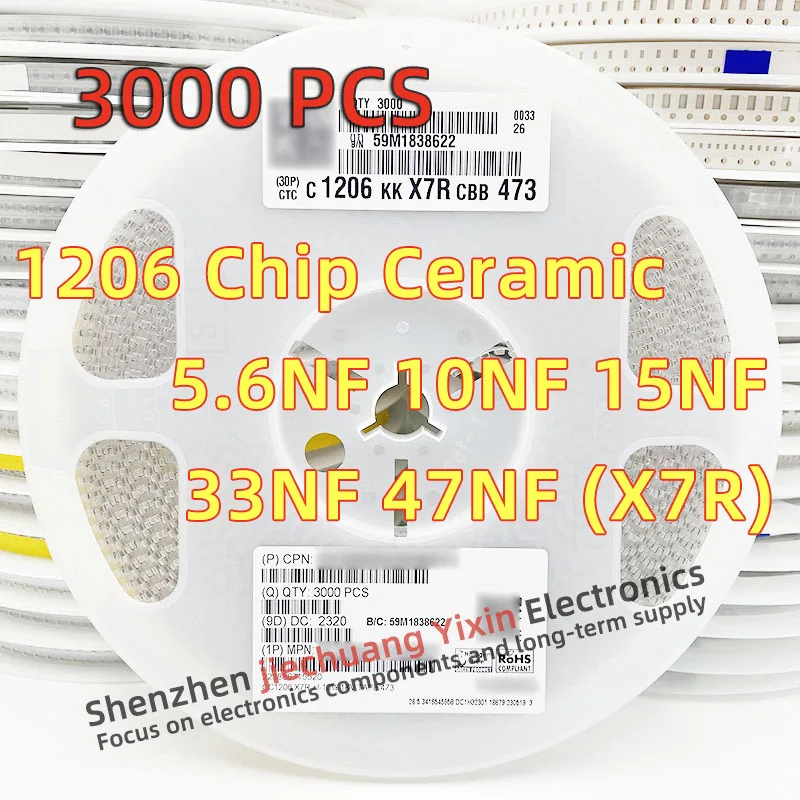 

Chip Ceramic Capacitor 1206 5.6NF 10NF 15NF 22NF 33NF 47NF 1000V 1KV 10% accuracy X7R material 3216 Capacitance 3000pcs